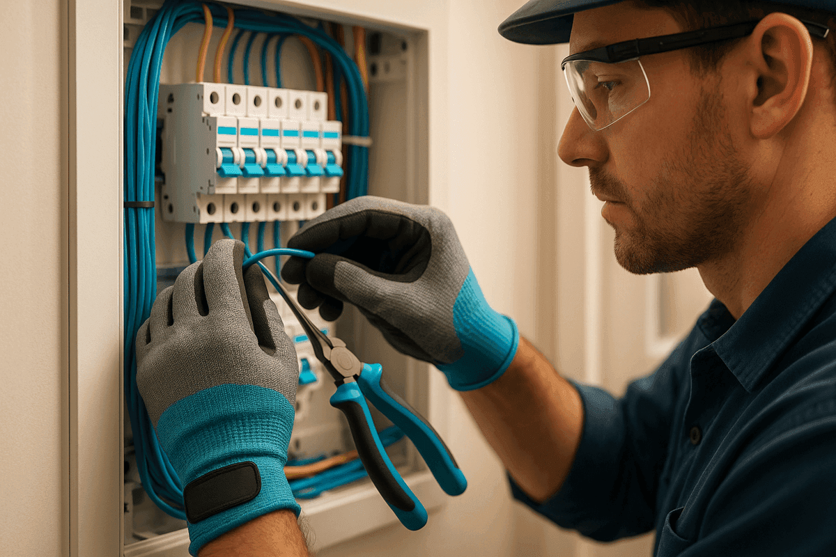 Close-up of electrician's gloved hands connecting wires inside a modern electrical panel