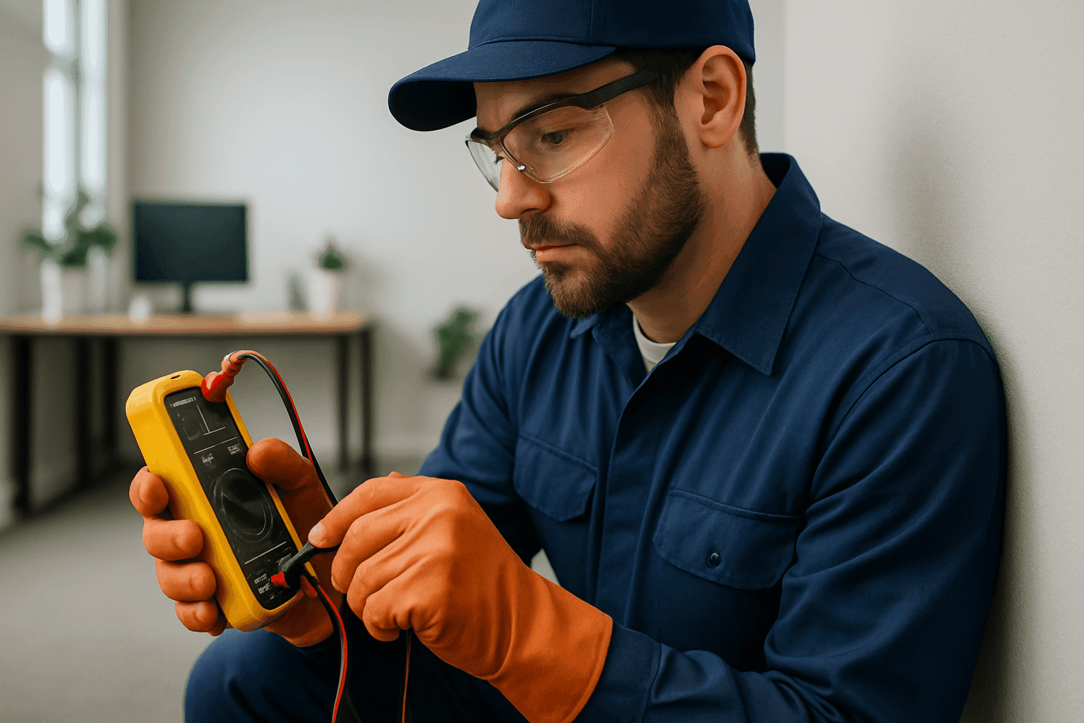 Electrician testing wall outlet with multimeter in office setting