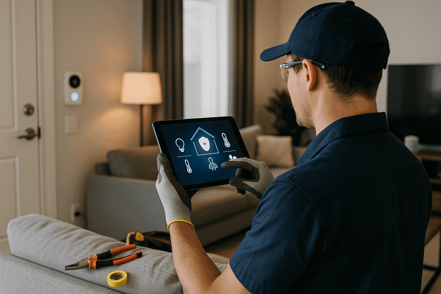 Homeowner controlling smart lighting and security system with a tablet in a modern living room