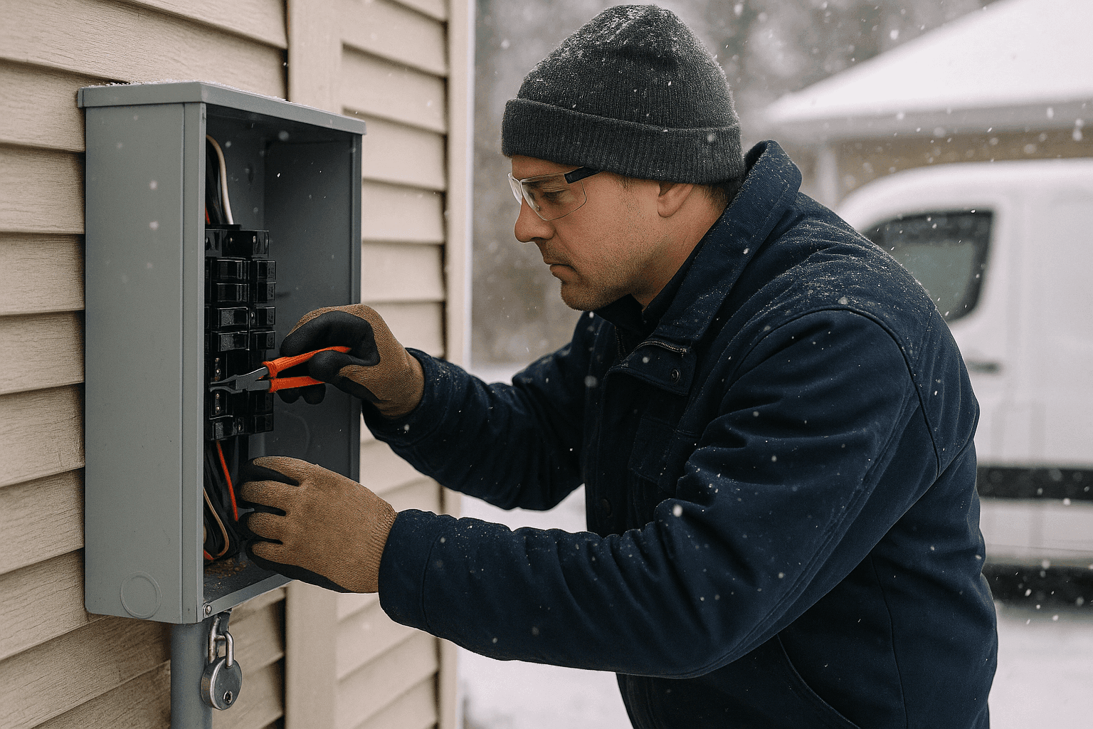 Electrician inspecting outdoor electrical panel in winter snow